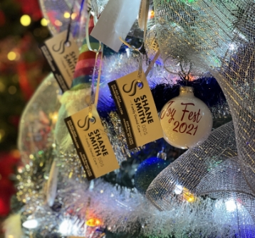 CLose-up of Christmas tree with Shane Smith DDS tags