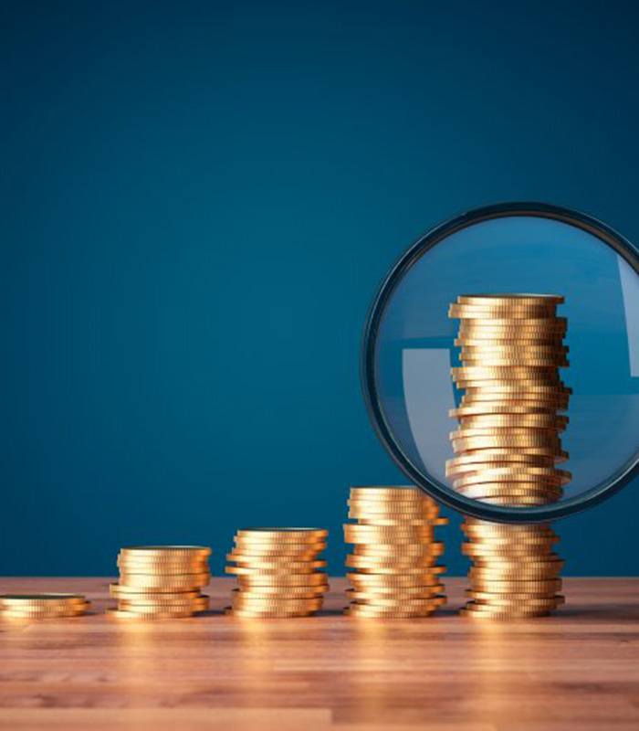 Stacks of coins examined with magnifying glass